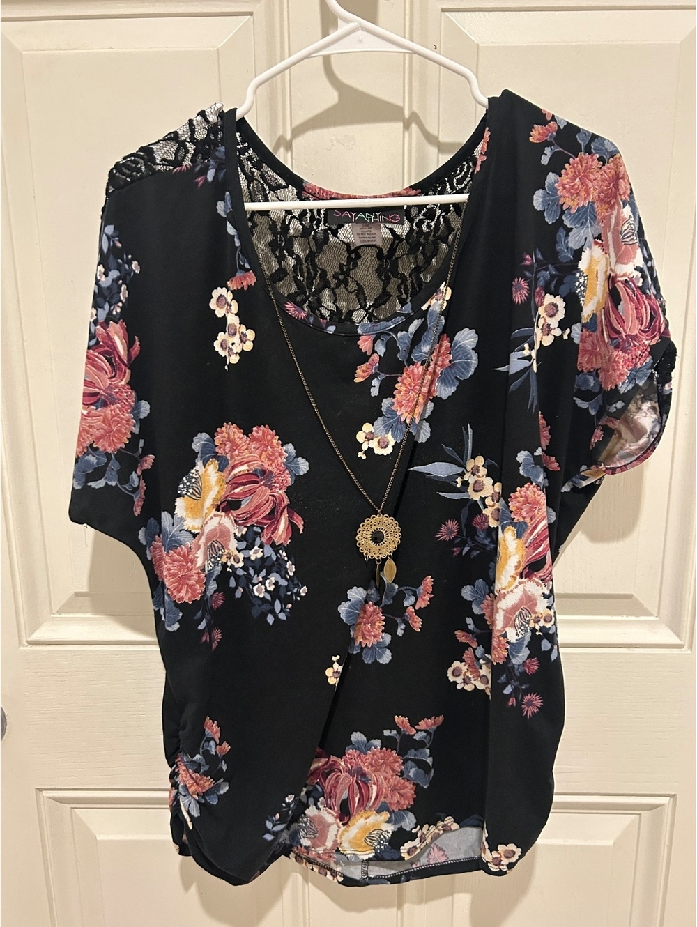 Y2K Say Anything Black Floral Blouse Lace Back Pendant Necklace Boho